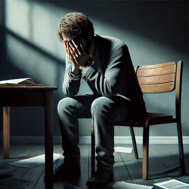 A person sitting in a chair with his hands in his face
Description automatically generated